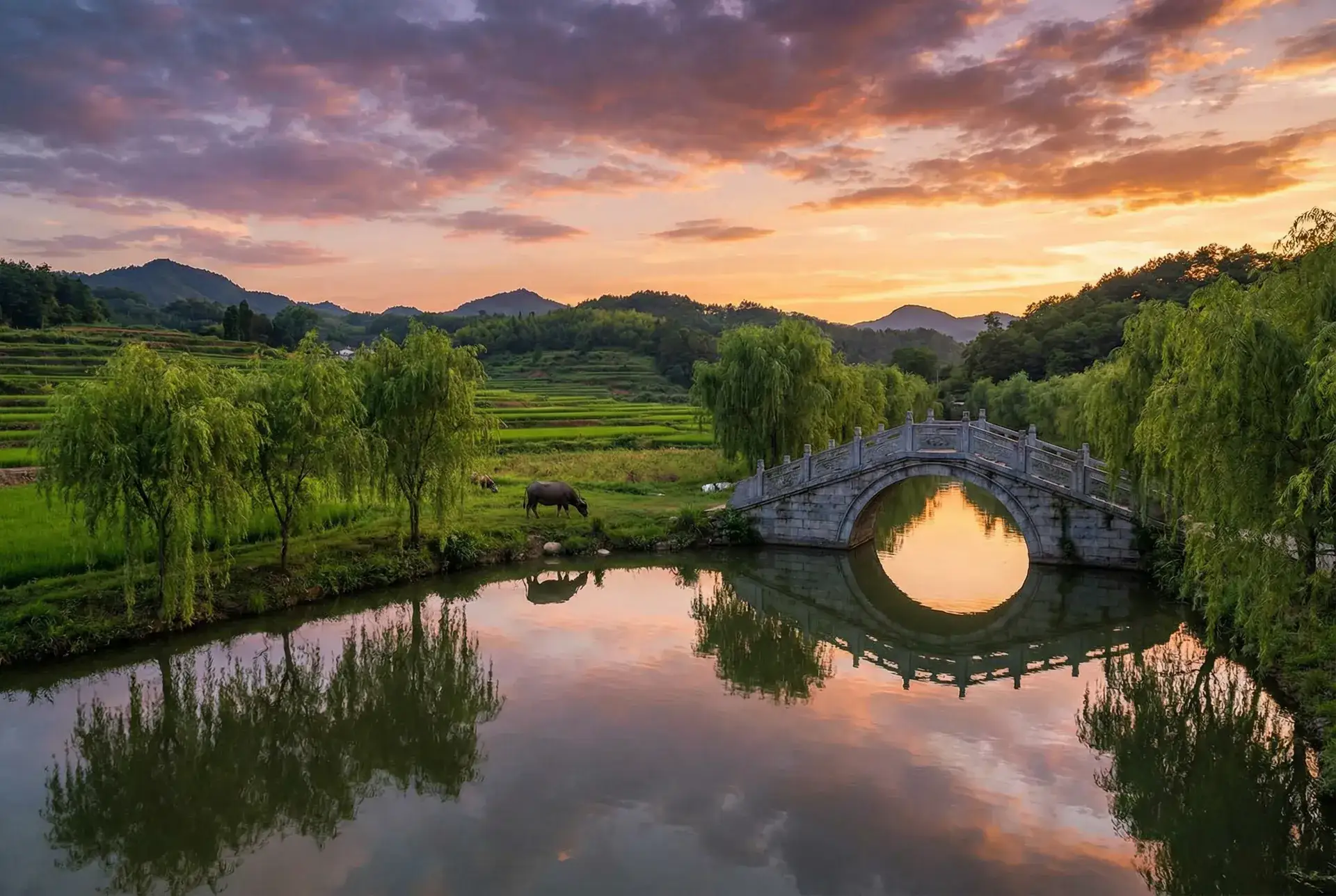 夕阳下的石拱桥与垂柳，水牛在河边吃草 - 忘忧草社区WWW在线看 乡村美景