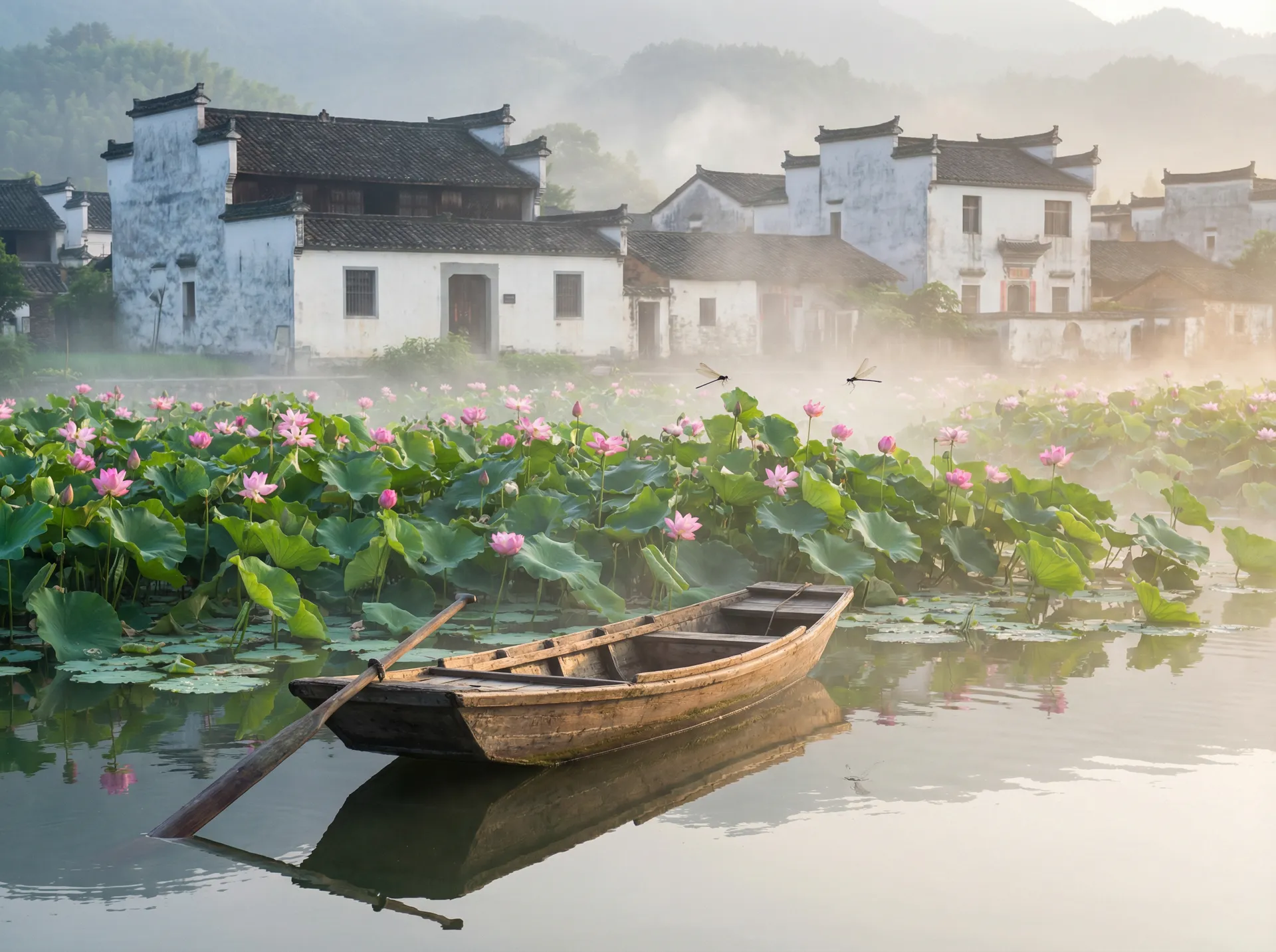清晨荷塘小舟，粉色荷花盛开，白墙黑瓦的村庄 - 忘忧草社区WWW在线看 水乡风情